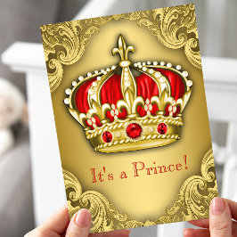 Invitation Fête Prénatale Fancy Prince Rouge et Or