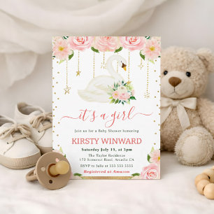 Invitation Fête Prénatale Fille Cygne Floral Aquarelle