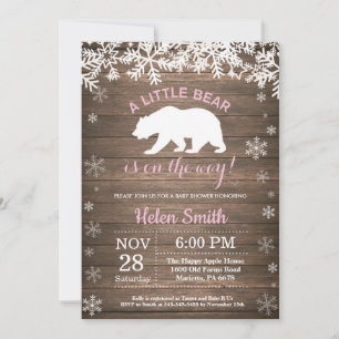 Invitation Fête Prénatale Fille Ours Polaire Rustique Hiver