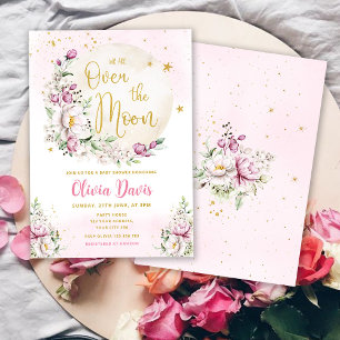 Invitation Fête Prénatale Fleur Rose Clair Bébé Sur La Lune