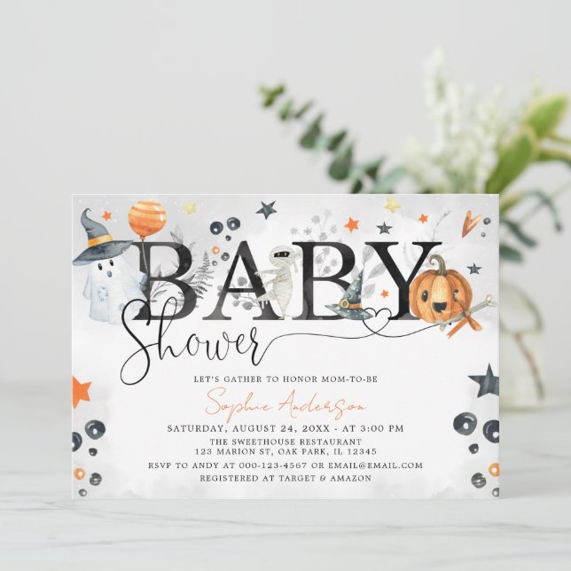 Invitation Fête Prénatale Halloween Bébé Citrouille Petit Fan (Debout devant)
