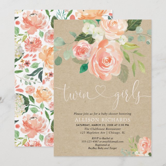 Invitation Fête prénatale kraft rustique florale pour jumelle (Devant / Derrière)