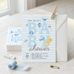 Invitation Fête Prénatale Ourson Aquarelle Rayure Bleue Garço