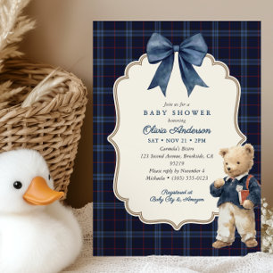 Invitation Fête Prénatale pour Garçon Ourson Tartan Bleu Mari