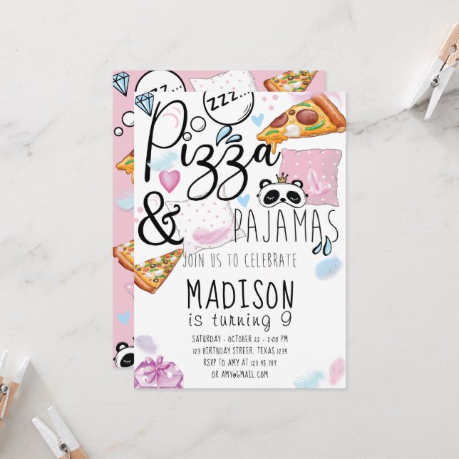 Invitation Fête Pyjama Pizza et Déguisements (Devant/Arrière en situation)