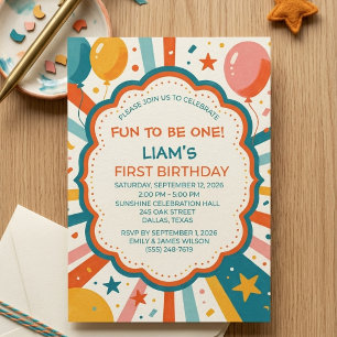 Invitation Fête rétro colorée pour le 1er anniversaire garçon