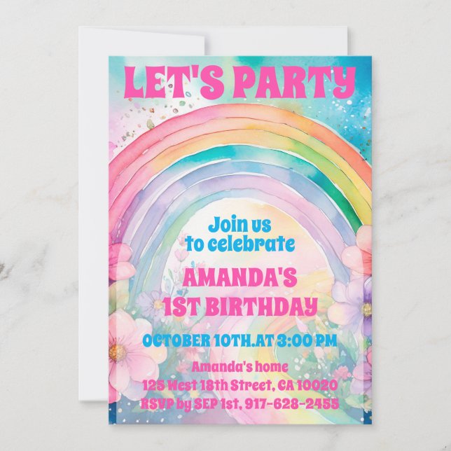Invitation Fête Retro Pastel Fleurs Arc-en-ciel Anniversaire (Devant)