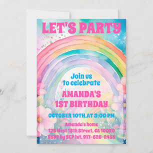 Invitation Fête Retro Pastel Fleurs Arc-en-ciel Anniversaire