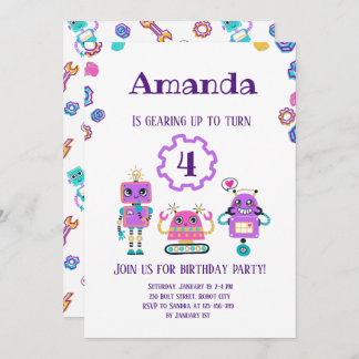 Invitation Fête robotique Fille Rose anniversaire