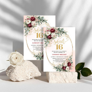 Invitation Fête Romantique Boho Bourgogne Fleurs Dorées 16 An