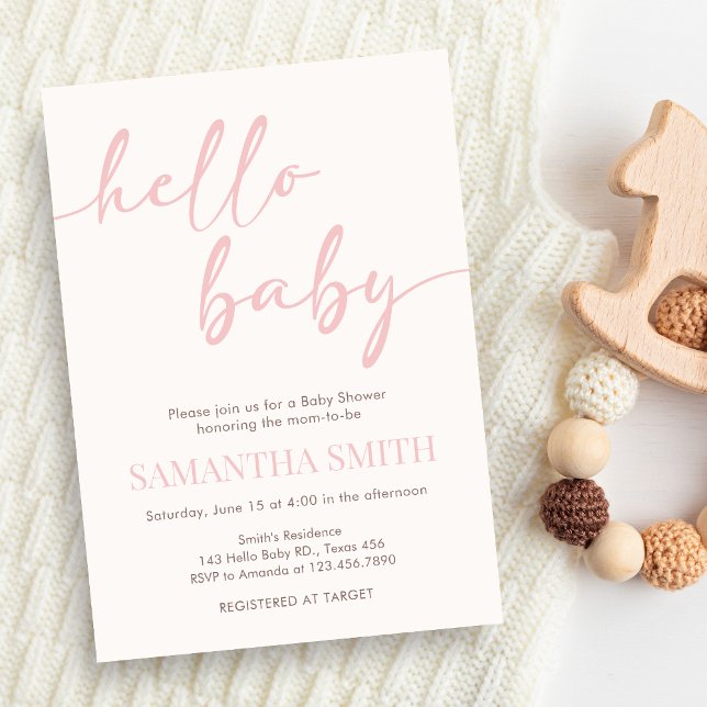 Invitation Fête Rose Bébé Naissance (Pink Hello Baby Minimalist Baby Shower invitation)