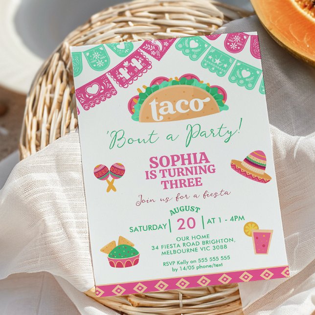 Invitation Fête rose moderne Taco Bout Un anniversaire de fêt (Taco 'bout a Party Birthday Invitation Template Girl, Taco  Fiesta Birthday Invitation, Mexican)
