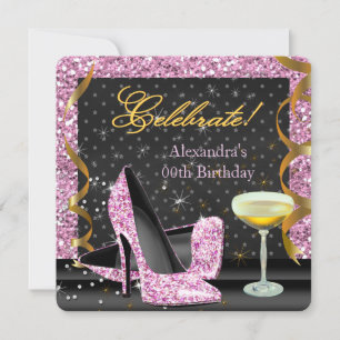 Invitation Fête Rose Or Noir Paillettes Anniversaire