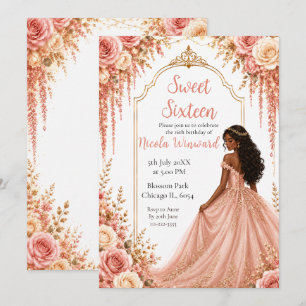 Invitation Fête Rose Pâle Or Floral Sweet Sixteen