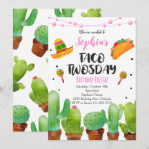 Invitation Fête Rose Taco Mardi Watercolor Cactus