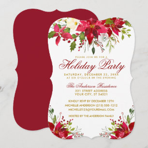 Invitation Fête Rouge Aquarelle Florale Poinsettia