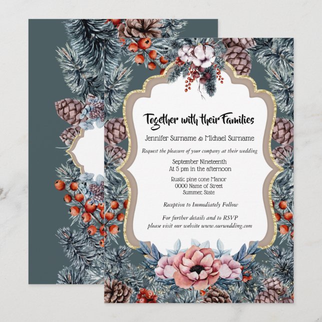 Invitation Fête rustique de la baie de pin de pin d'hiver (Devant / Derrière)