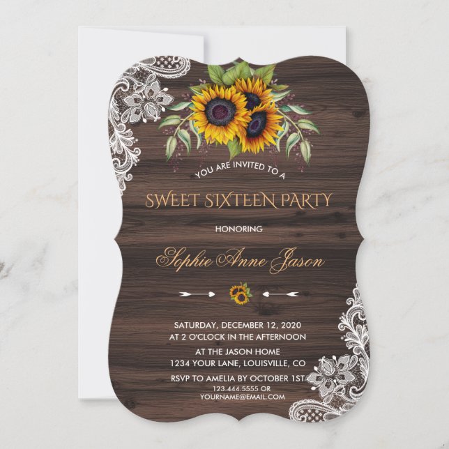 Invitation Fête Rustique des Tournesols Bois Seize Ans (Devant)