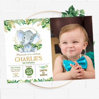 Invitation Fête safari jungle éléphant bébé 1er anniversaire