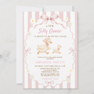 Invitation Fête Silly Goose Daisy Floral Bébé à rayures roses