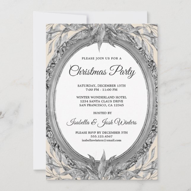 Invitation Fête Silver Grey Feuilles Wreath Christmas Party (Devant)