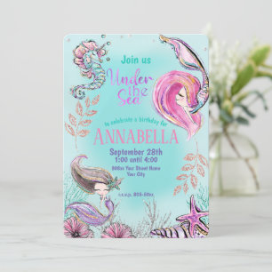 Invitation Fête Sirènes Mignonnes Paillettes Sous la Mer