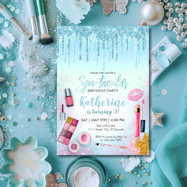 Invitation Fête spa Glam Girl Fête d'anniversaire Salon Bleu (Spa Glam Spatacular Birthday Party Blue)