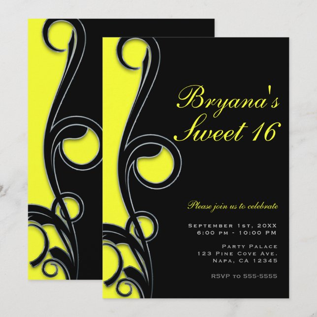 Invitation Fête sucrée 16 ans Noir et néon jaune vif (Devant / Derrière)