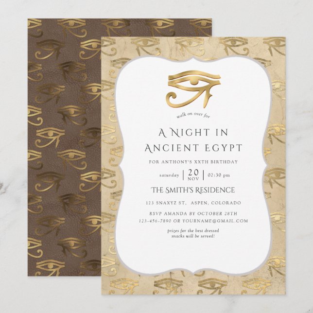 Invitation Fête sur le thème égyptien de feuille d'or (Devant / Derrière)