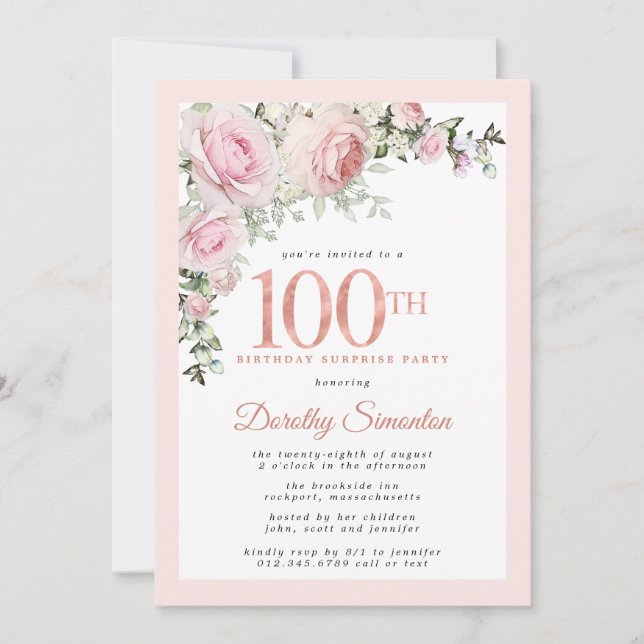 Invitation FÊTE SURPRISE 100e anniversaire Blush rose floral (Devant)