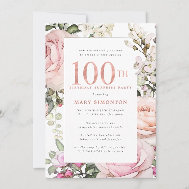 Invitation FÊTE SURPRISE 100e anniversaire Blush rose floral (Devant)