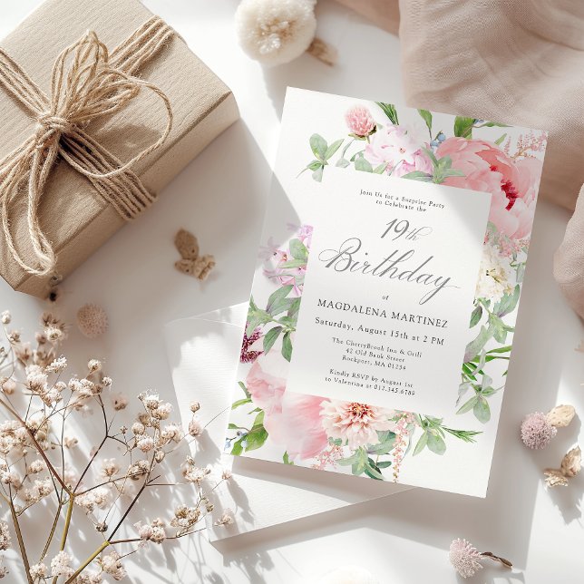 Invitation FÊTE SURPRISE 19e anniversaire Elegant rose Peony (Créateur téléchargé)