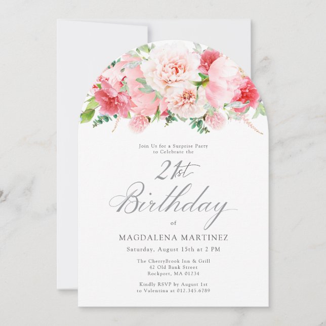 Invitation FÊTE SURPRISE 21e anniversaire Elegant Pony Rose (Devant)