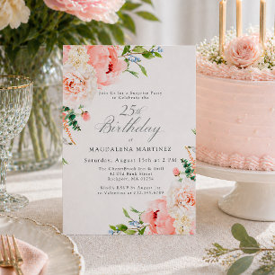 Invitation FÊTE SURPRISE 25e Anniversaire Floral Rose Féminin