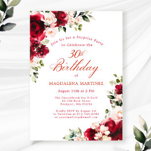 Invitation FÊTE SURPRISE 30e anniversaire Rouge rose floral