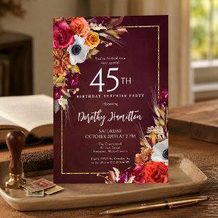 Invitation FÊTE SURPRISE 45e Anniversaire Fleurs d'Automne Bo