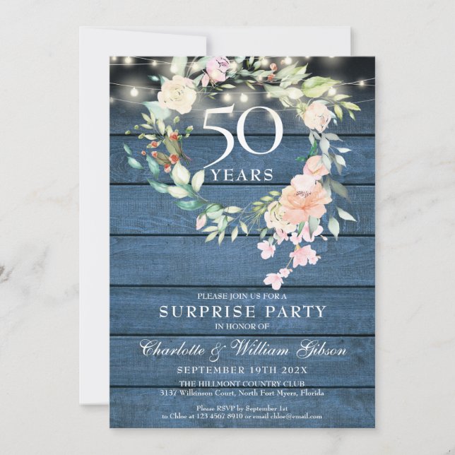 Invitation Fête surprise 50e anniversaire Floral rustique (Devant)