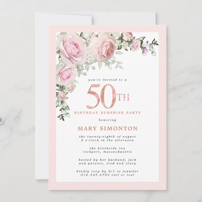 Invitation FÊTE SURPRISE 50e anniversaire Rose Rose Floral (Devant)