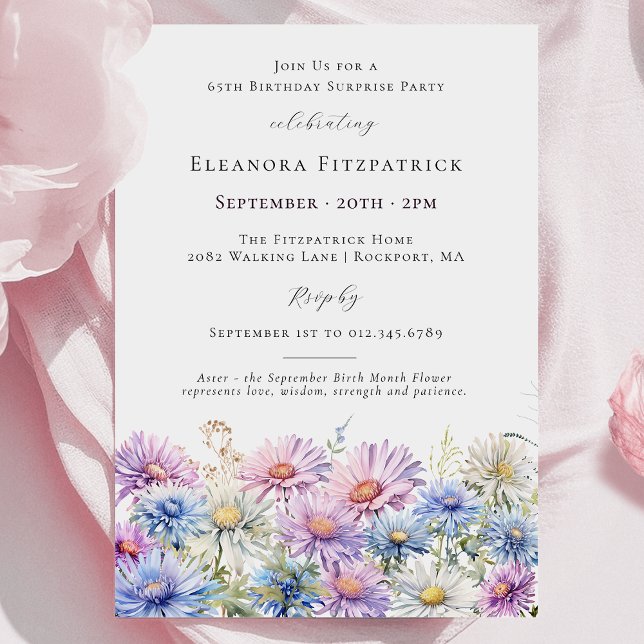 Invitation FÊTE SURPRISE 65e Anniversaire Fleur du mois de se (Créateur téléchargé)