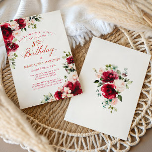 Invitation FÊTE SURPRISE 85e Anniversaire Rouge Rose Floral
