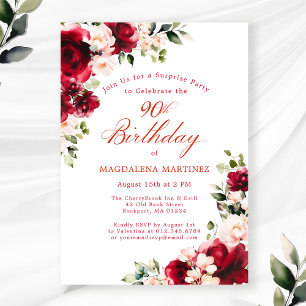 Invitation FÊTE SURPRISE 90e Anniversaire Rouge Rose Floral
