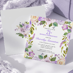 Invitation FÊTE SURPRISE Anniversaire 21 ans Fleurs Violettes