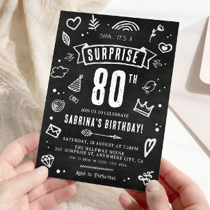 Invitation Fête surprise anniversaire 80 ans Fun Doodle table