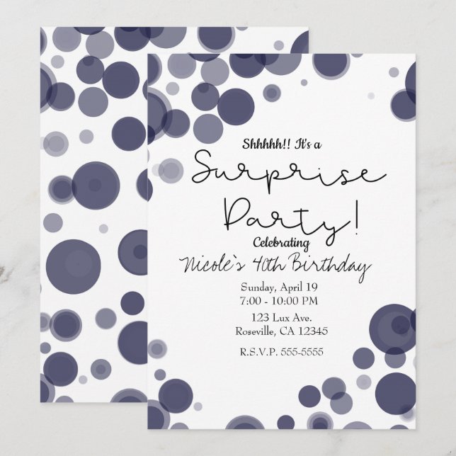 Invitation Fête surprise bulles bleu marine blanc pois (Devant / Derrière)