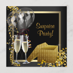 Invitation Fête surprise confettis Champagne Noir Or
