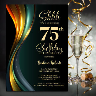 Invitation Fête surprise d'anniversaire 75 ans noir et or mod