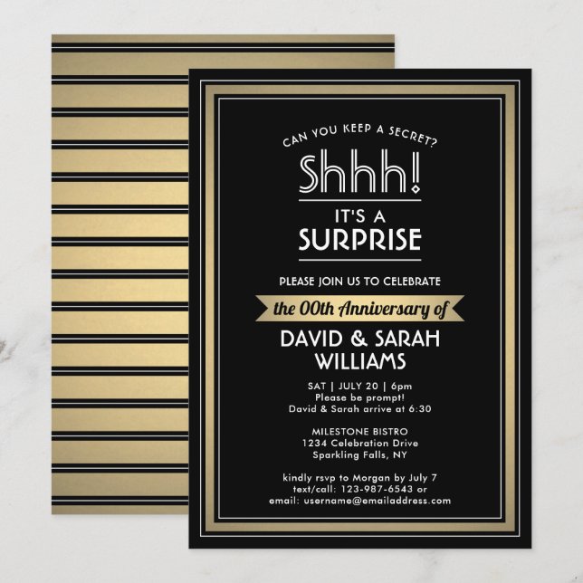 Invitation Fête surprise d'anniversaire Noir, Blanc et Or (Devant / Derrière)