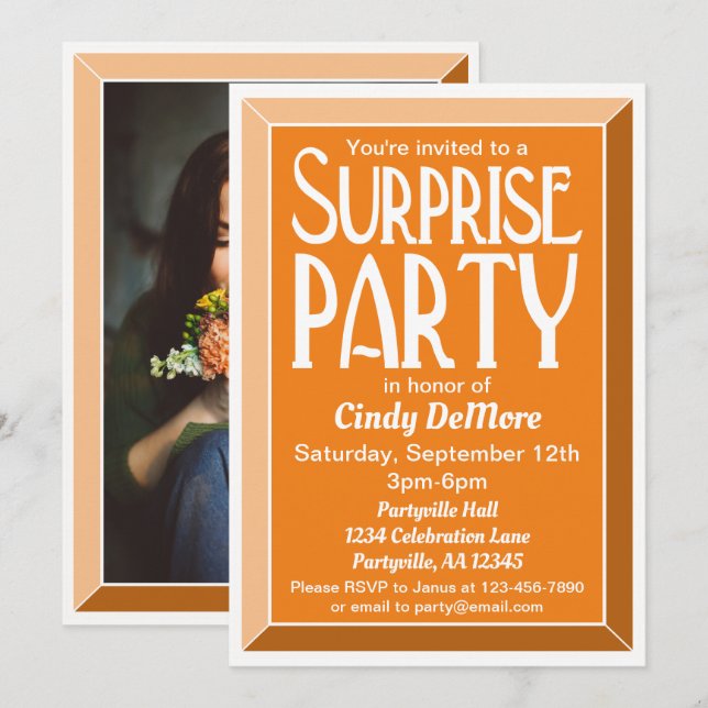 Invitation Fête surprise d'anniversaire photo Art Déco Orange (Devant / Derrière)