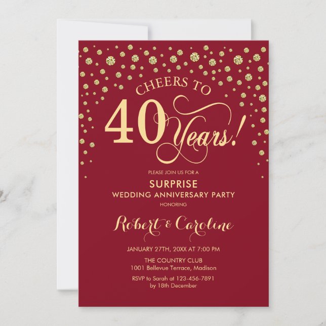 Invitation Fête surprise des 40 ans Ruby Red Gold (Devant)