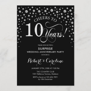 Invitation Fête surprise du 10e anniversaire - Argent noir
